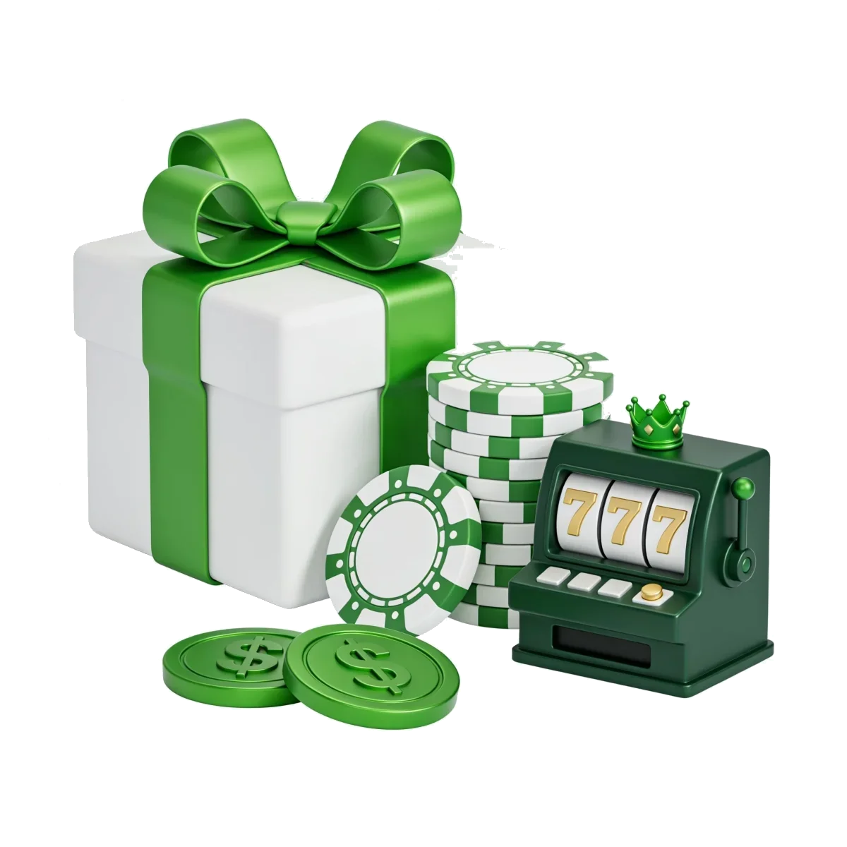 White gift box with green ribbon, casino chips and a small slot machine showing 777 — pokies bonus illustration